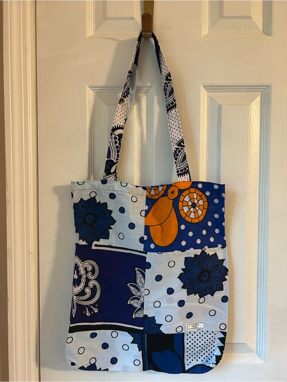 Zuri Unique Blue and Orange Patchwork Tote Bag with Floral Motifs